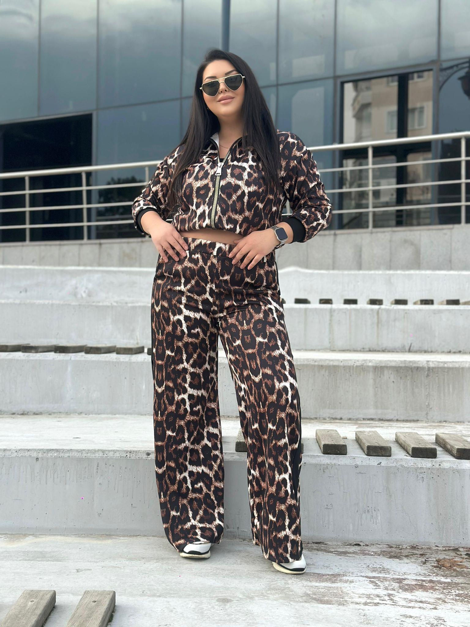 Oversize Leopar Desenli Kadın Eşofman Takım  - Camel