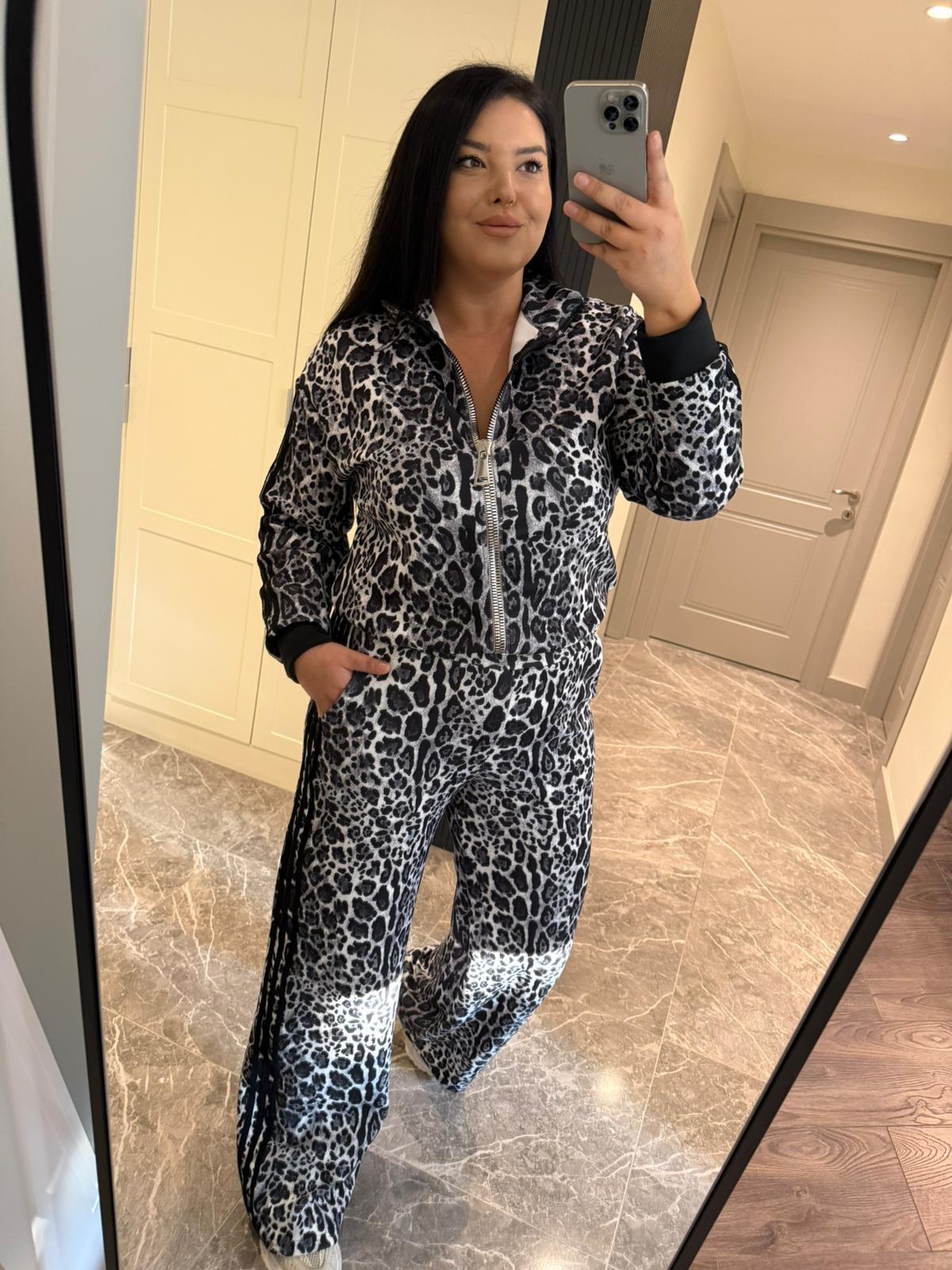 Oversize Leopar Desenli Kadın Eşofman Takım - Gri  