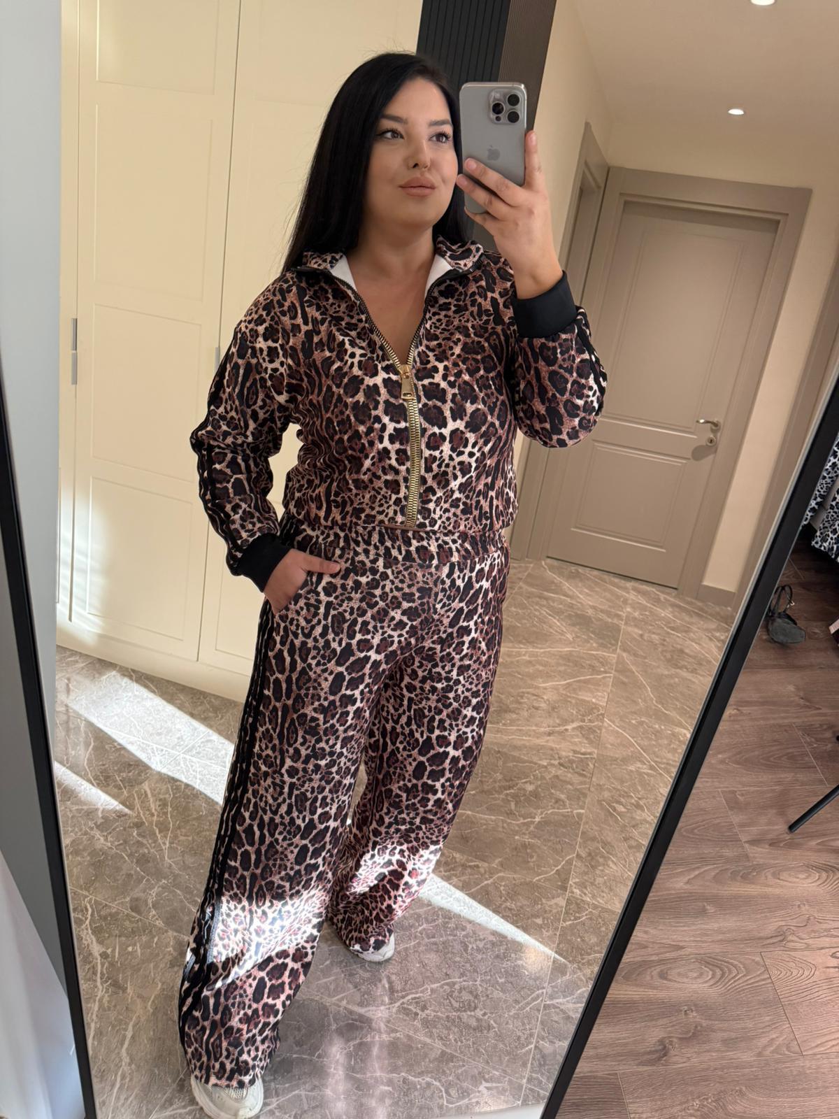 Oversize Leopar Desenli Kadın Eşofman Takım - Kahve 
