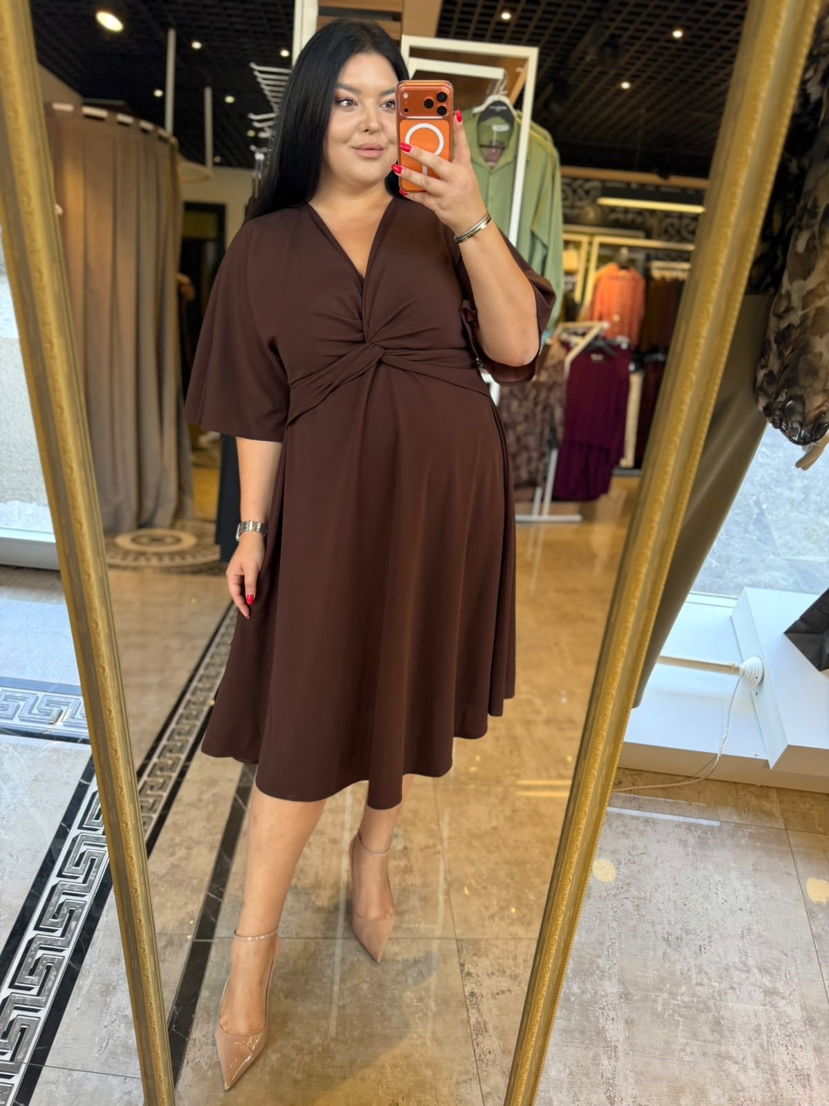 Oversize Likralı Krep Kumaş Ön Düğümlü Kadın Midi Elbise - Kahve 
