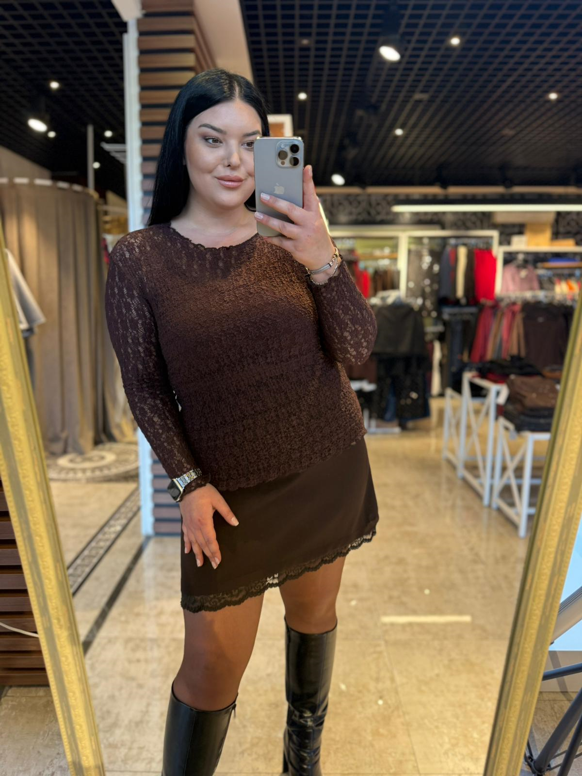 Oversize Likralı Transparan Dantel Bluz - Kahve 
