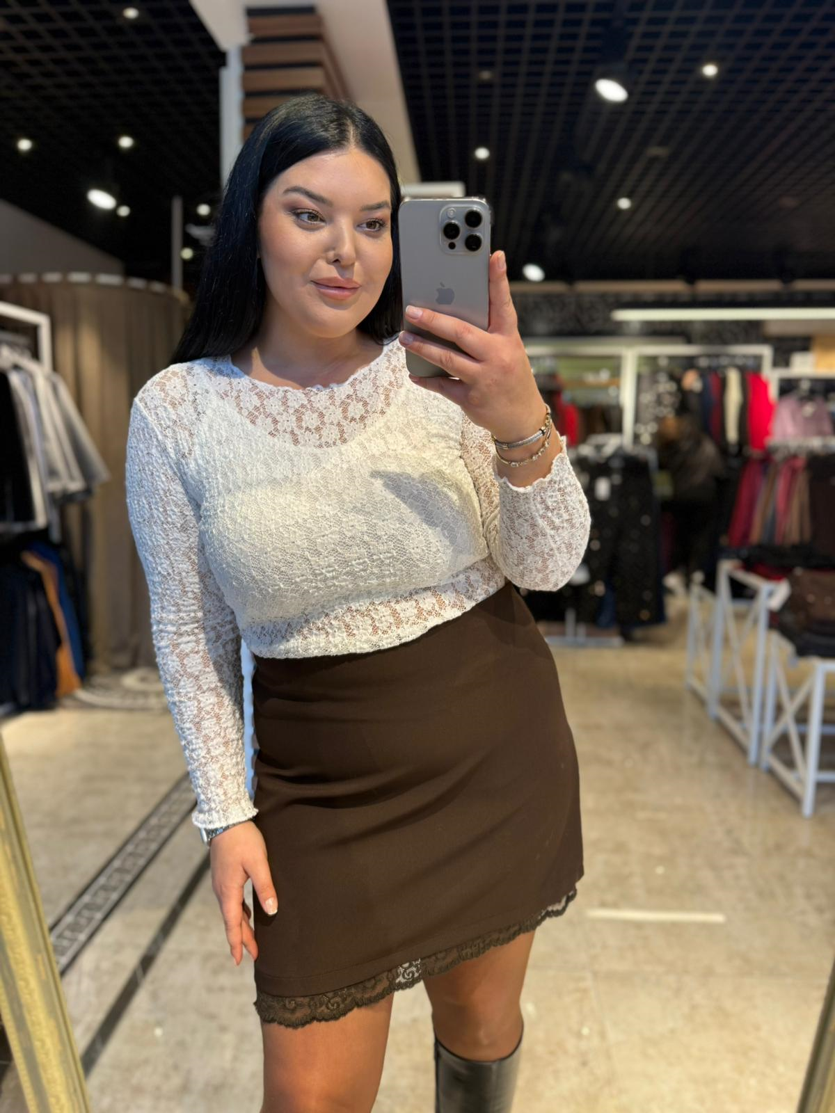 Oversize Likralı Transparan Dantel Bluz - Beyaz 