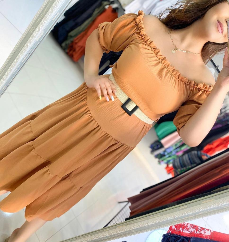 Oversize Madonna Lastik Yaka Kuşak Detay  Maxi Boy Elbise - Hardal 