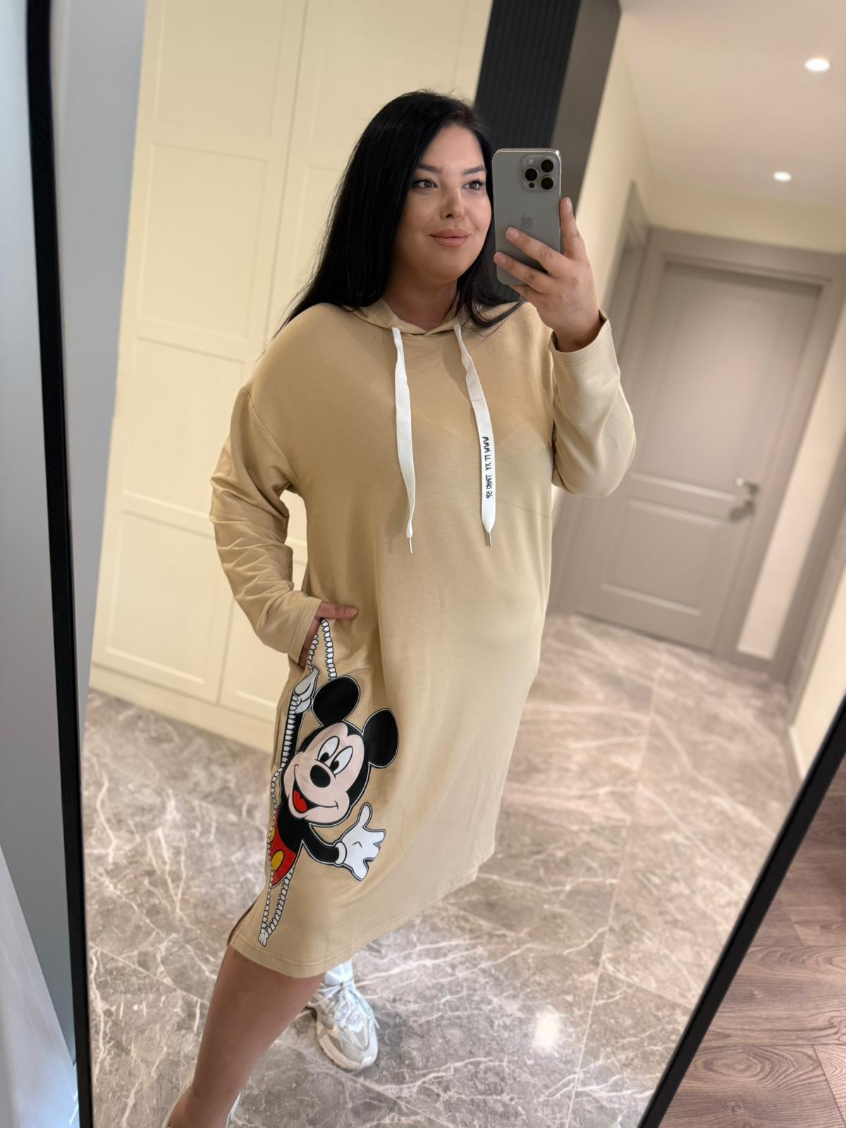Oversize Mickey Baskılı Kadın Kapüşonlu Elbise - Krem 