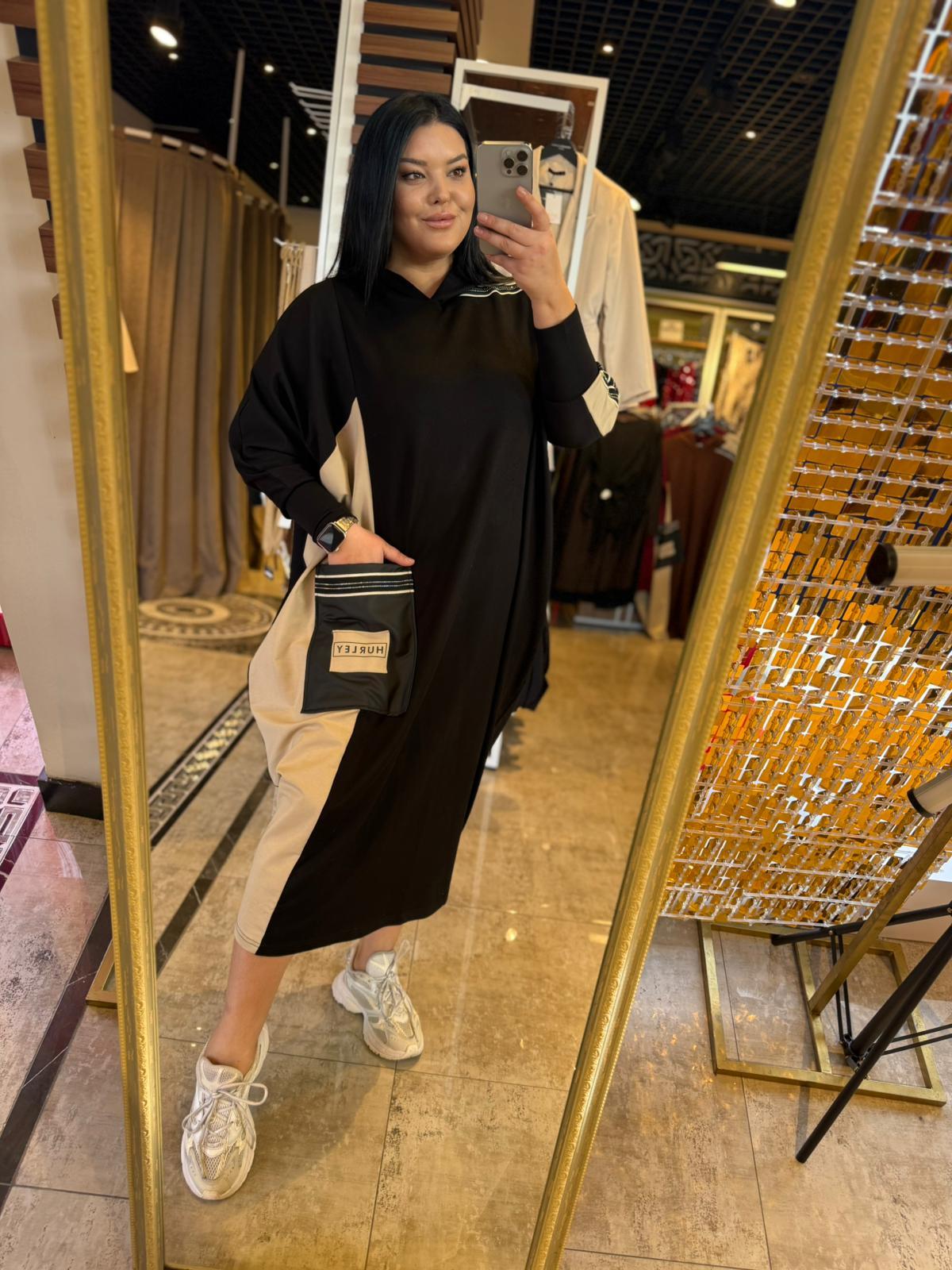 Oversize Modal Kumaş Çizgi Cep Detaylı Kadın Elbise - Siyah 