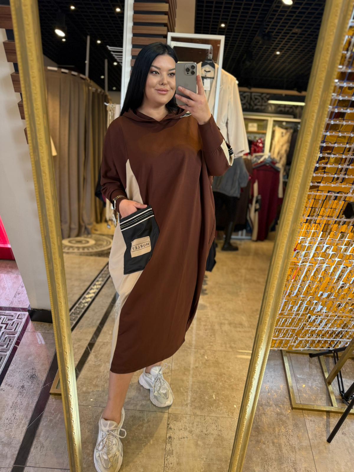 Oversize Modal Kumaş Çizgi Cep Detaylı Kadın Elbise - Kahve 