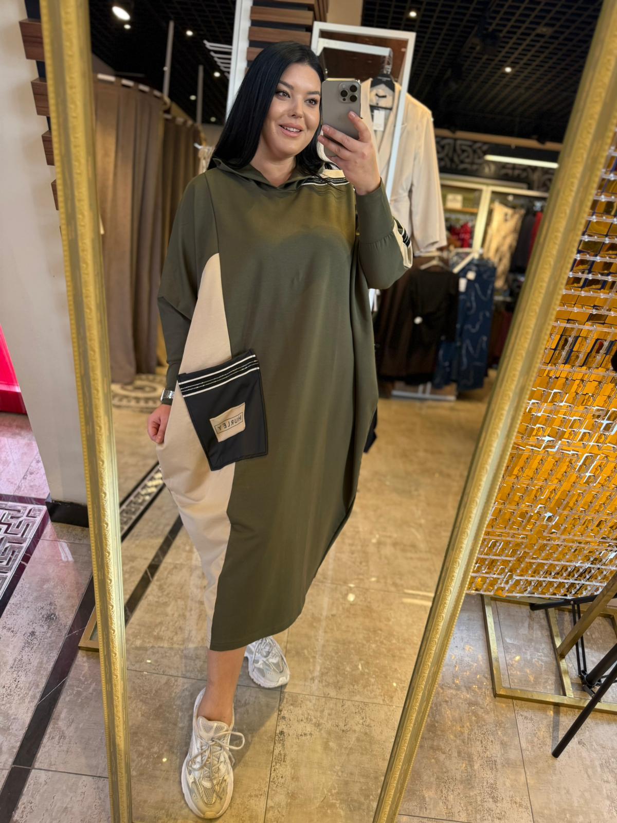 Oversize Modal Kumaş Çizgi Cep Detaylı Kadın Elbise - Yeşil 