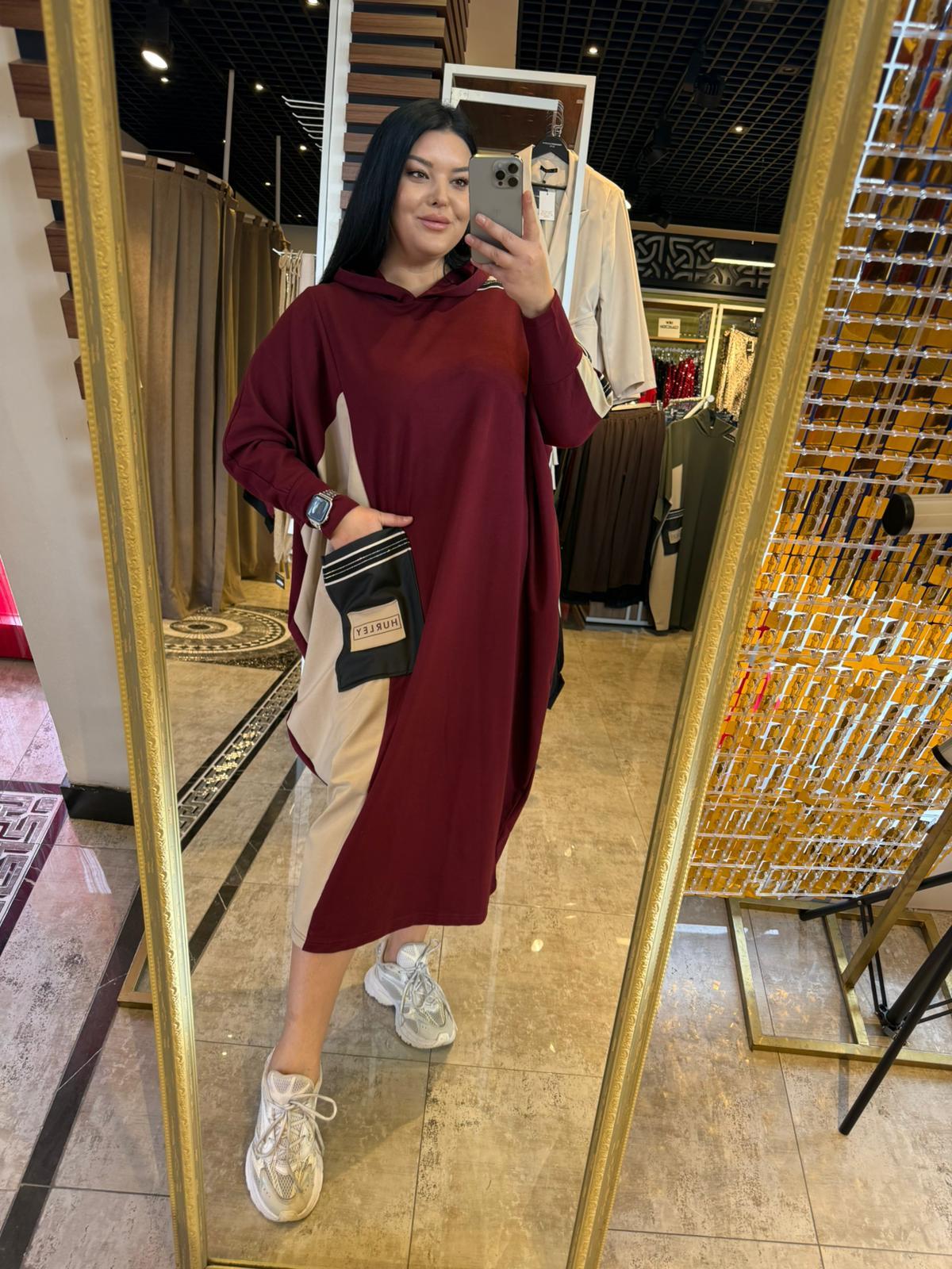 Oversize Modal Kumaş Çizgi Cep Detaylı Kadın Elbise - Bordo 