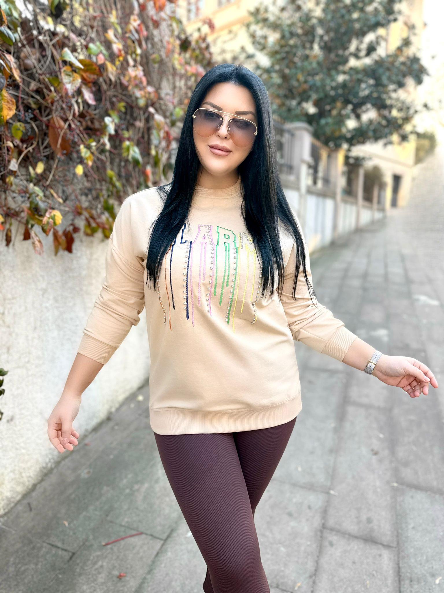 Oversize Pamuk Kumaş İki İplik Taş Detay Kadın Sweatshirt - Camel 