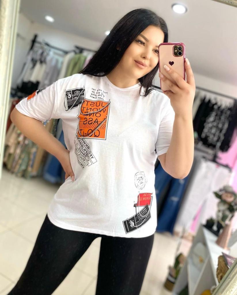 Oversize Pamuklu Baskılı Zincir Detaylı Kadın Tshirt - Beyaz 