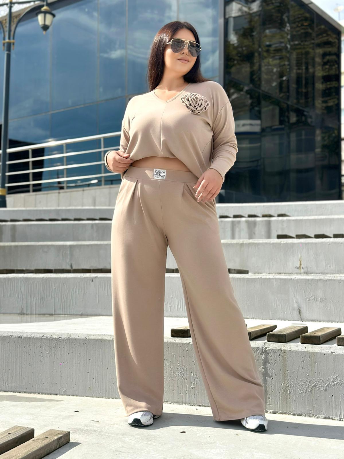 Oversize Pamuklu Broş Detay Kadın İkili Takım - Camel  