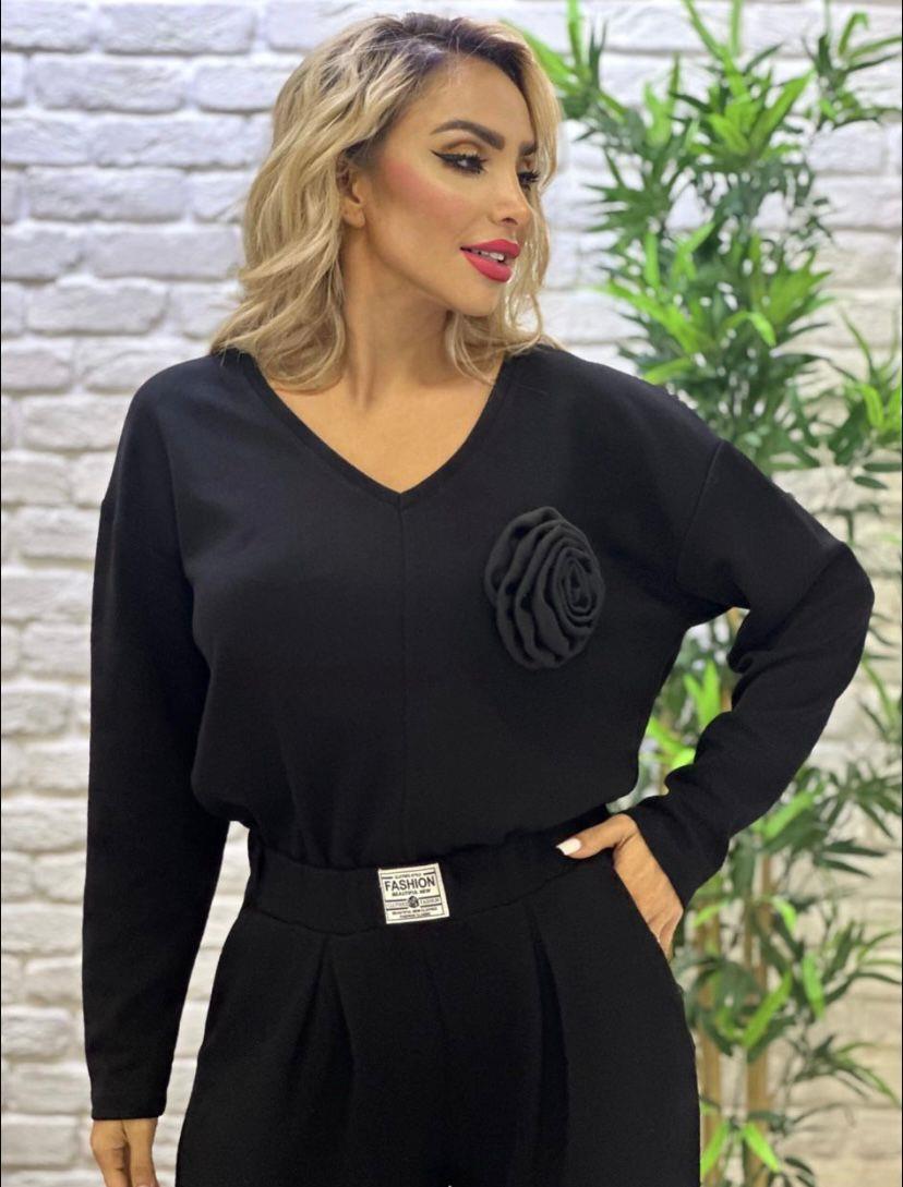 Oversize Pamuklu Broş Detay Kadın İkili Takım -  Siyah 