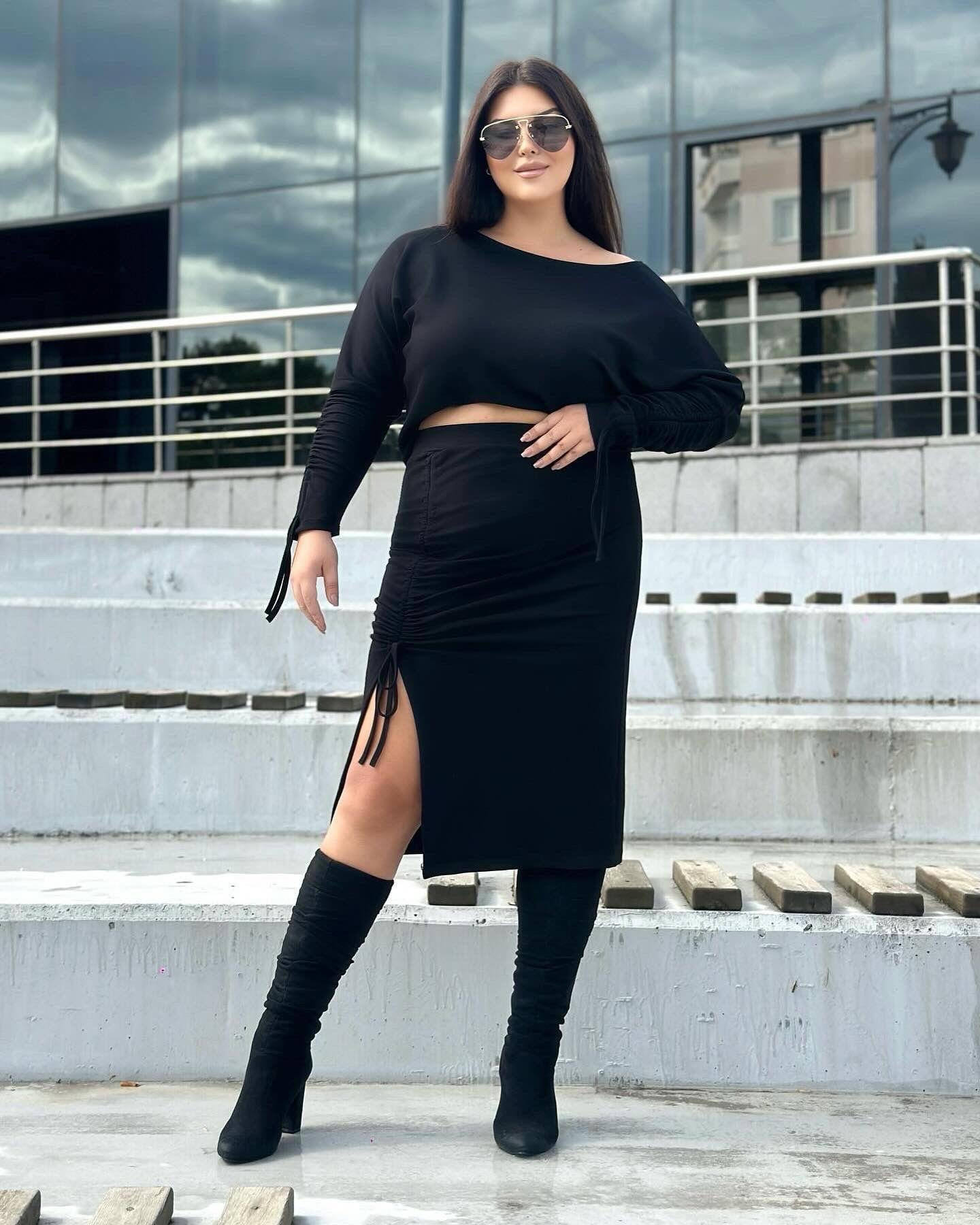 Oversize Pamuklu Büzgülü Kadın İkili Takım - Siyah 