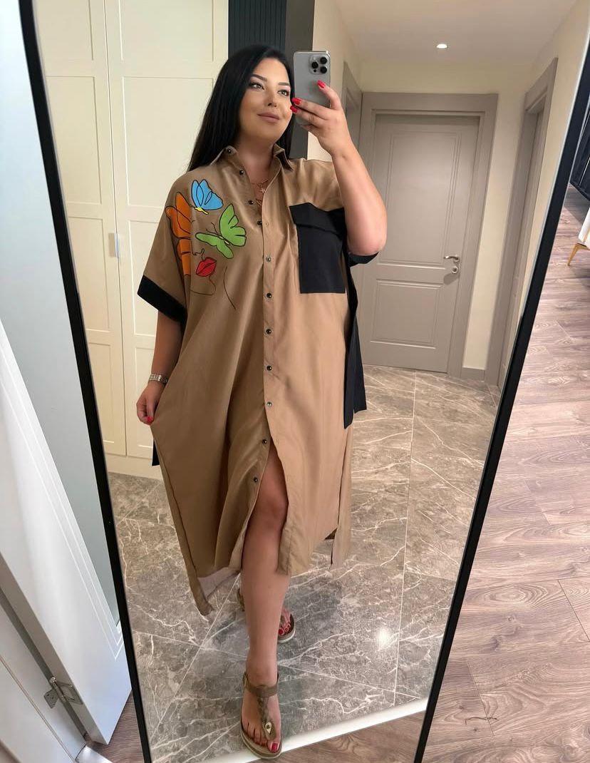 Oversize Pamuklu Kelebek Detaylı Kadın Gömlek Elbise - Camel 