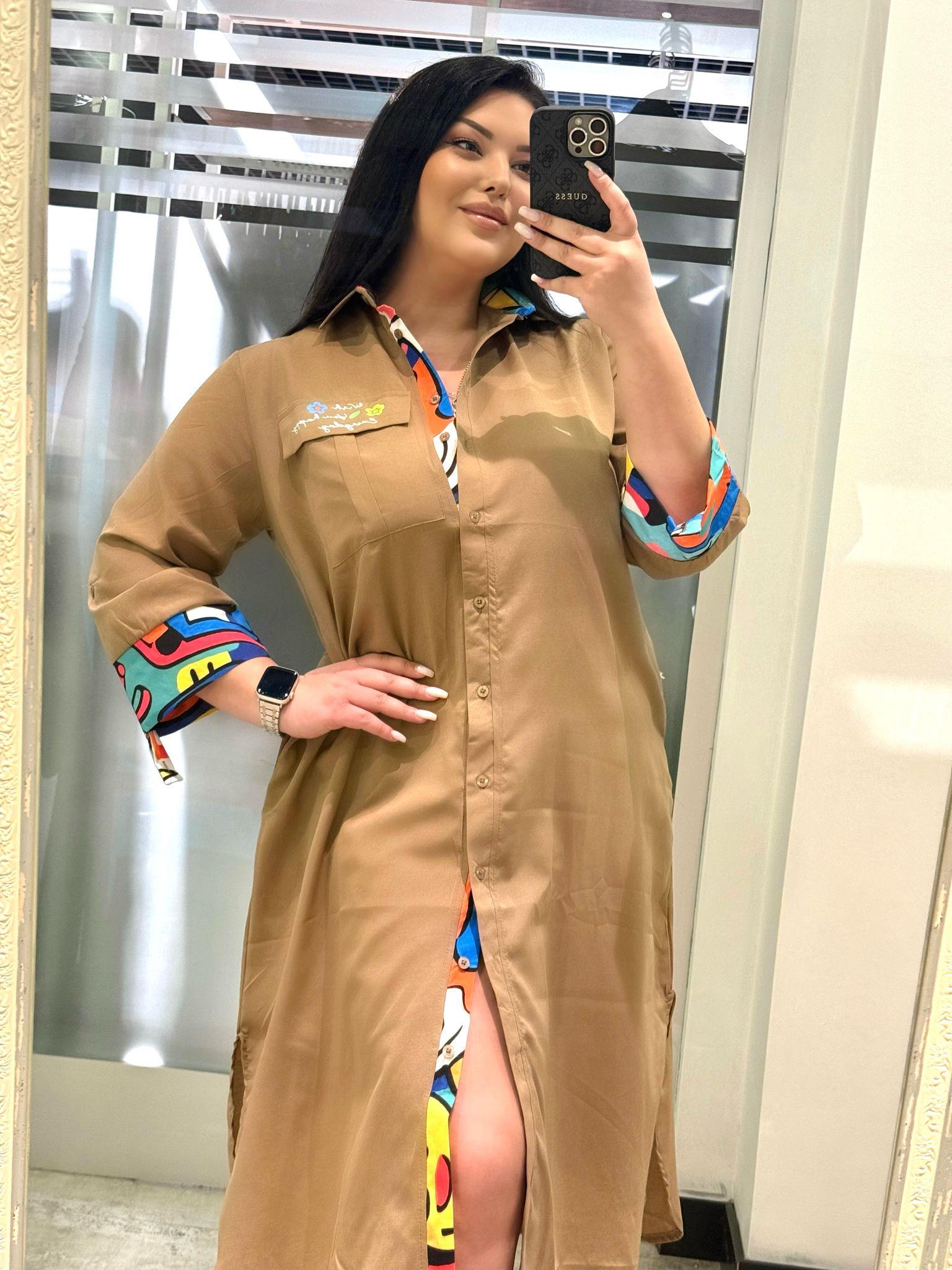 Oversize Pamuklu Kol Desenli Cep Detaylı Gömlek Elbise - Camel
