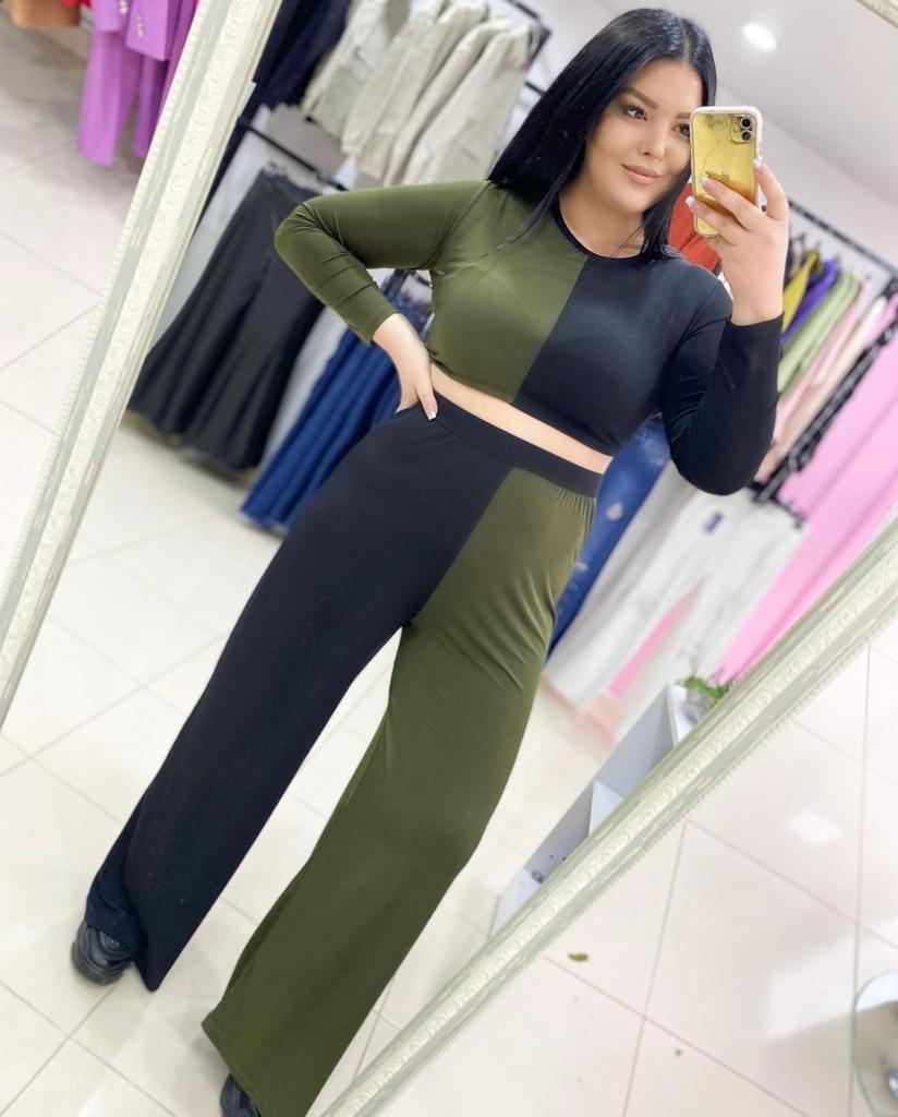 Oversize Pamuklu Likralı Kadın İkili Takım - Haki 