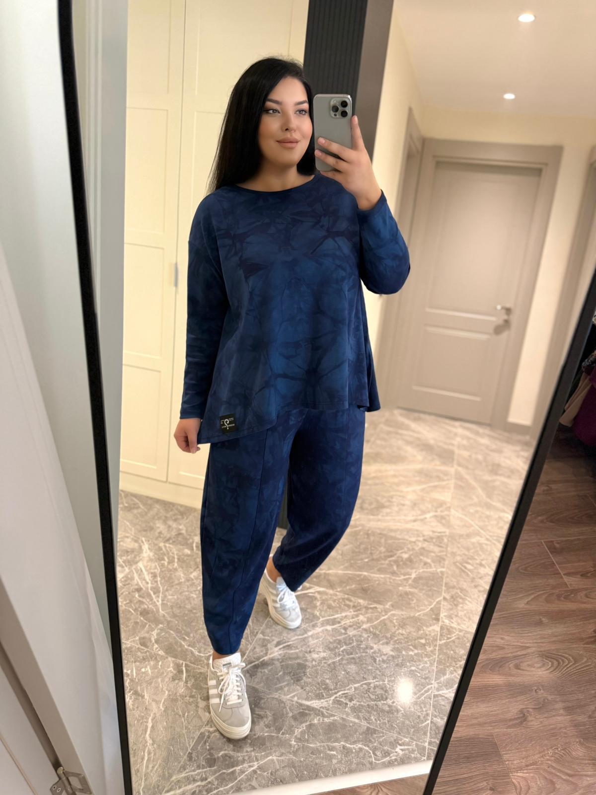 Oversize Pamuklu Modal Kumaş Batik Desen Şalvar Pantolonlu Kadın İkili Takım - Mavi 