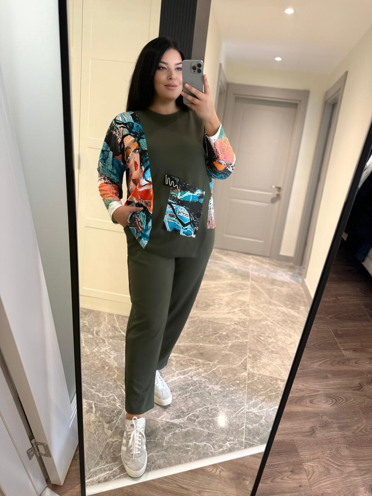 Oversize Pamuklu Modal Kumaş Renkli Desenli Şalvar Pantolonlu Kadın İkili Takım - Yeşil