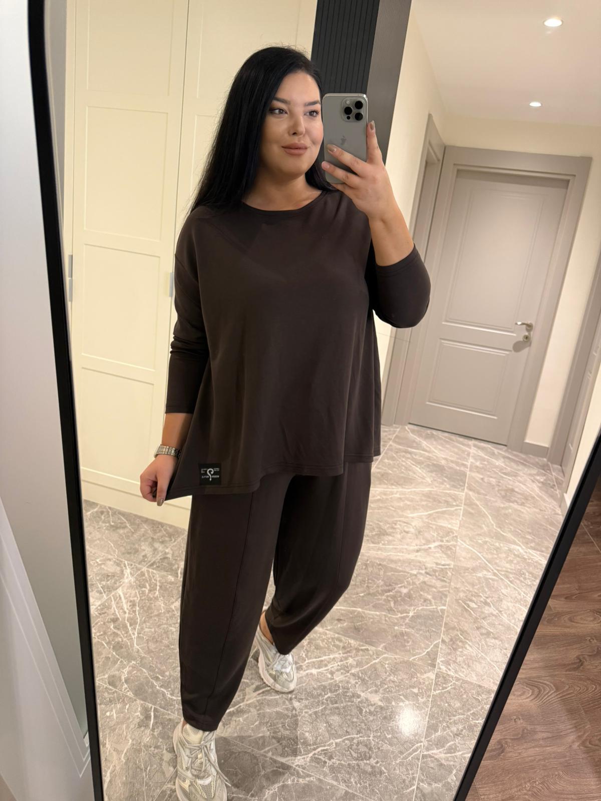 Oversize Pamuklu Modal Kumaş Şalvar Pantolonlu Kadın İkili Takım - Kahve 