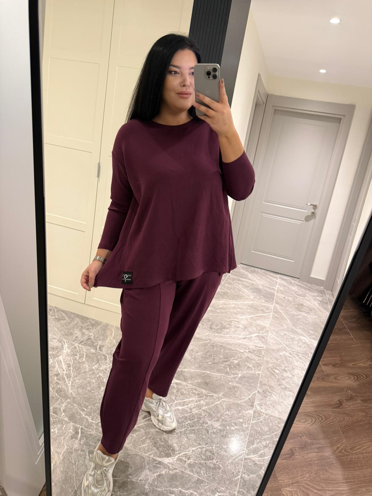 Oversize Pamuklu Modal Kumaş Şalvar Pantolonlu Kadın İkili Takım - Bordo 