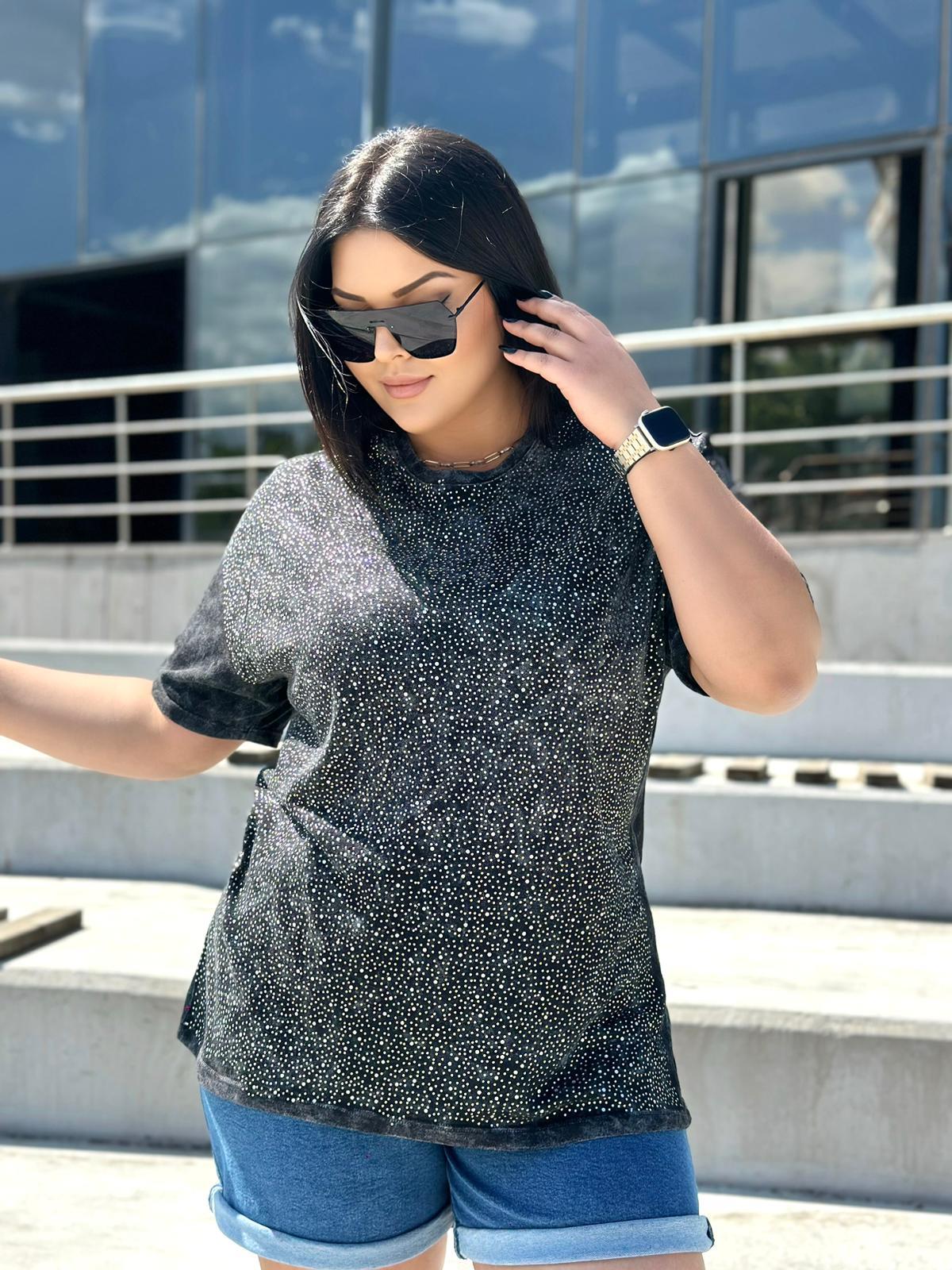 Oversize Pamuklu Taş Detaylı Kadın Tshirt - Füme 