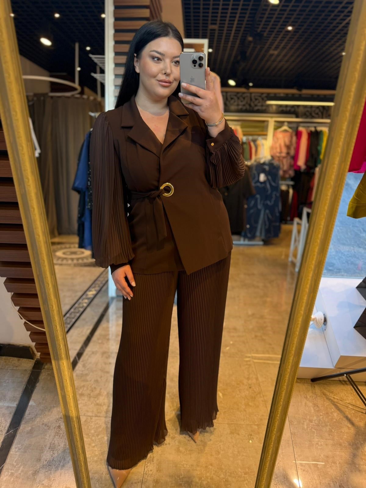 Oversize Pliseli Ceketli Premium Takım - Kahve 