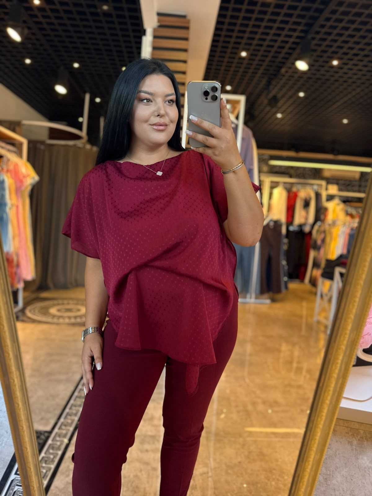 Oversize Puanlı Asimetrik Kadın Bluz - Bordo 