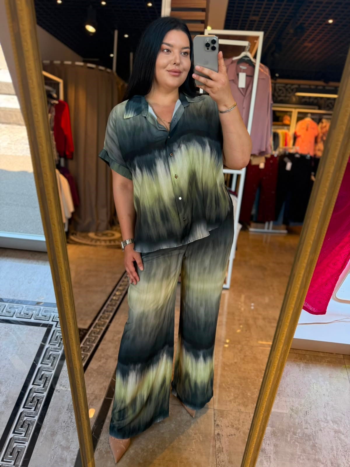 Oversize Renkli Desenli Gömlekli Kadın İkili Takım - Haki 