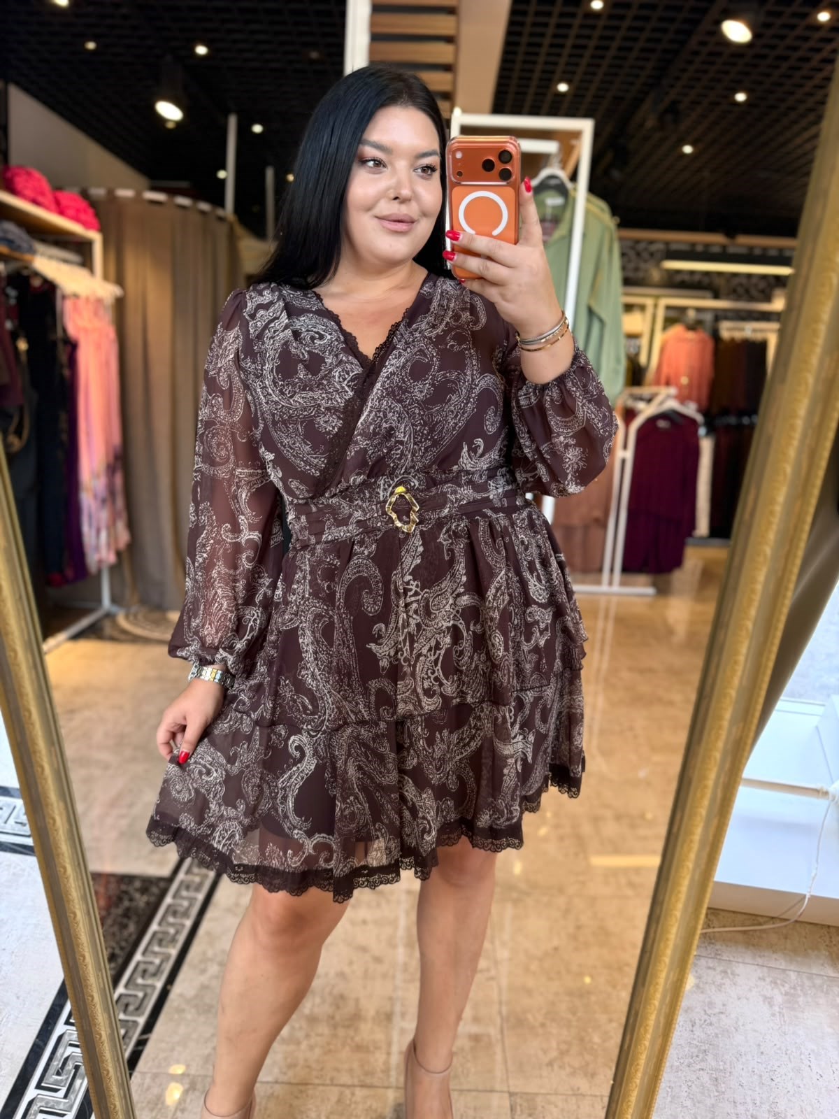 Oversize Şal Desen Katlı Şifon Kumaş  Kadın Elbise - Kahve 