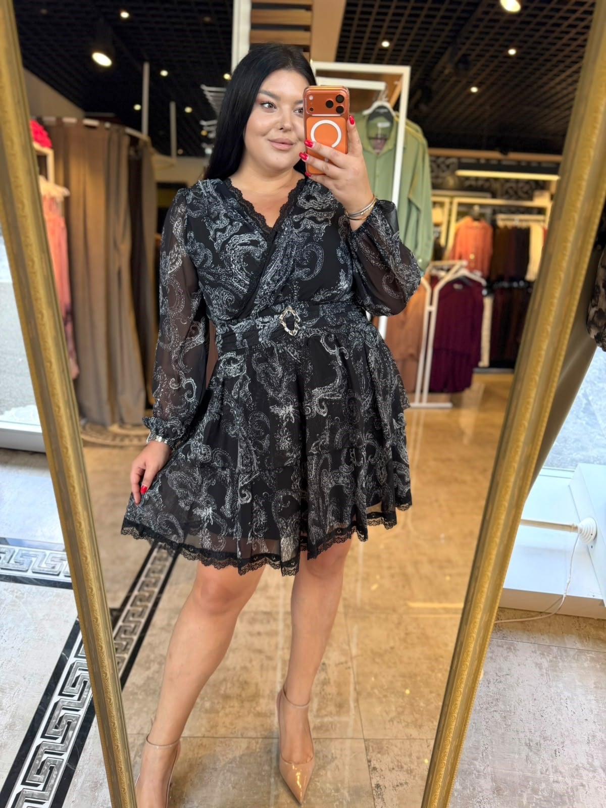 Oversize Şal Desen Katlı Şifon Kumaş  Kadın Elbise - Siyah 