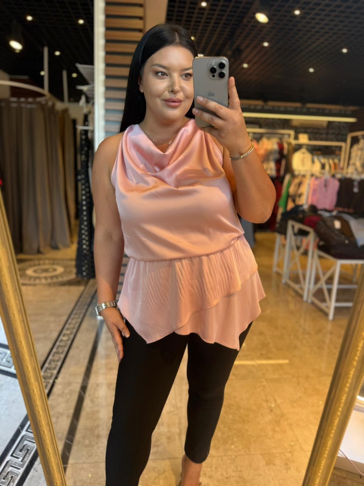 Oversize Saten Kumaş Degaje Yaka Kadın Bluz - Pembe 