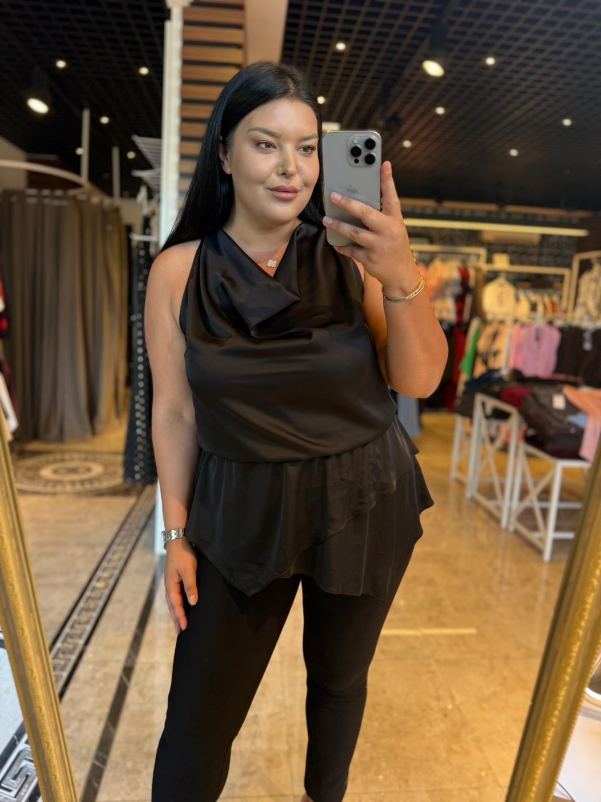 Oversize Saten Kumaş Degaje Yaka Kadın Bluz - Siyah 