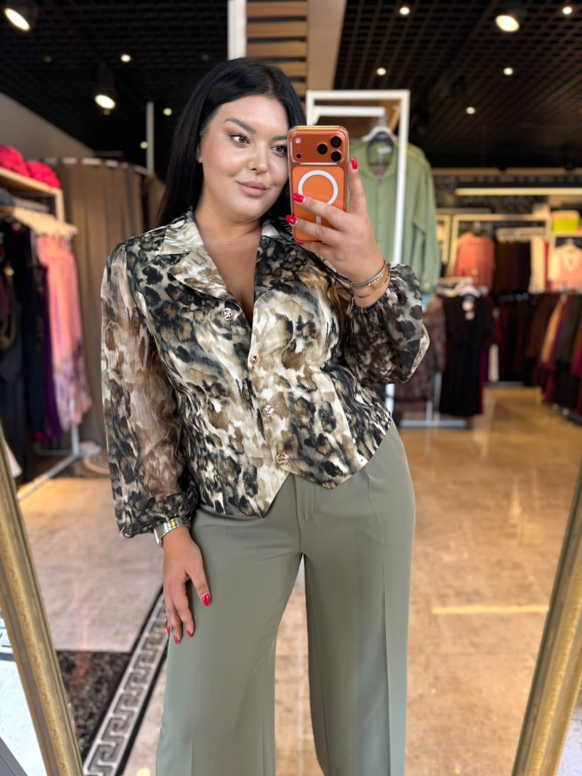 Oversize Şifon Kol Soyut Leopar Desen Kadın Ceket - Yeşil 
