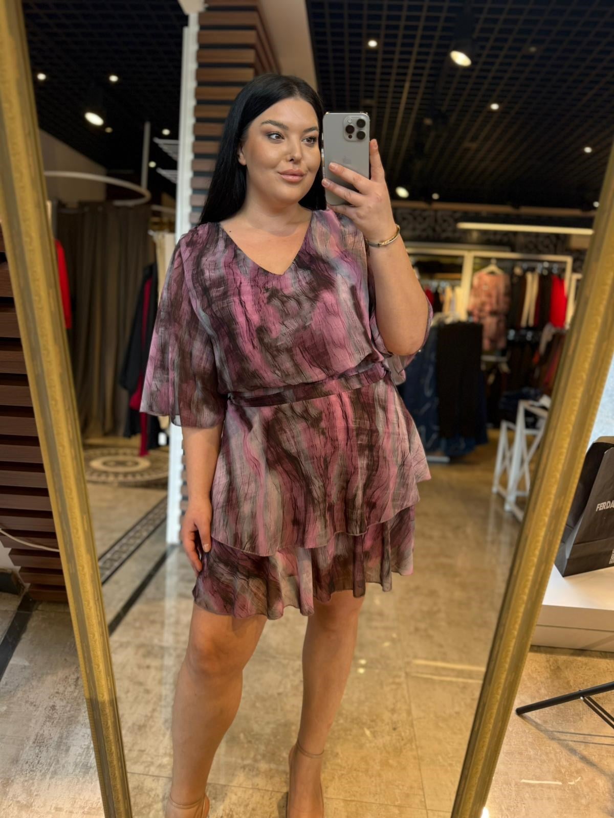Oversize Şifon Kumaş Desenli Kadın Elbise - Pembe 