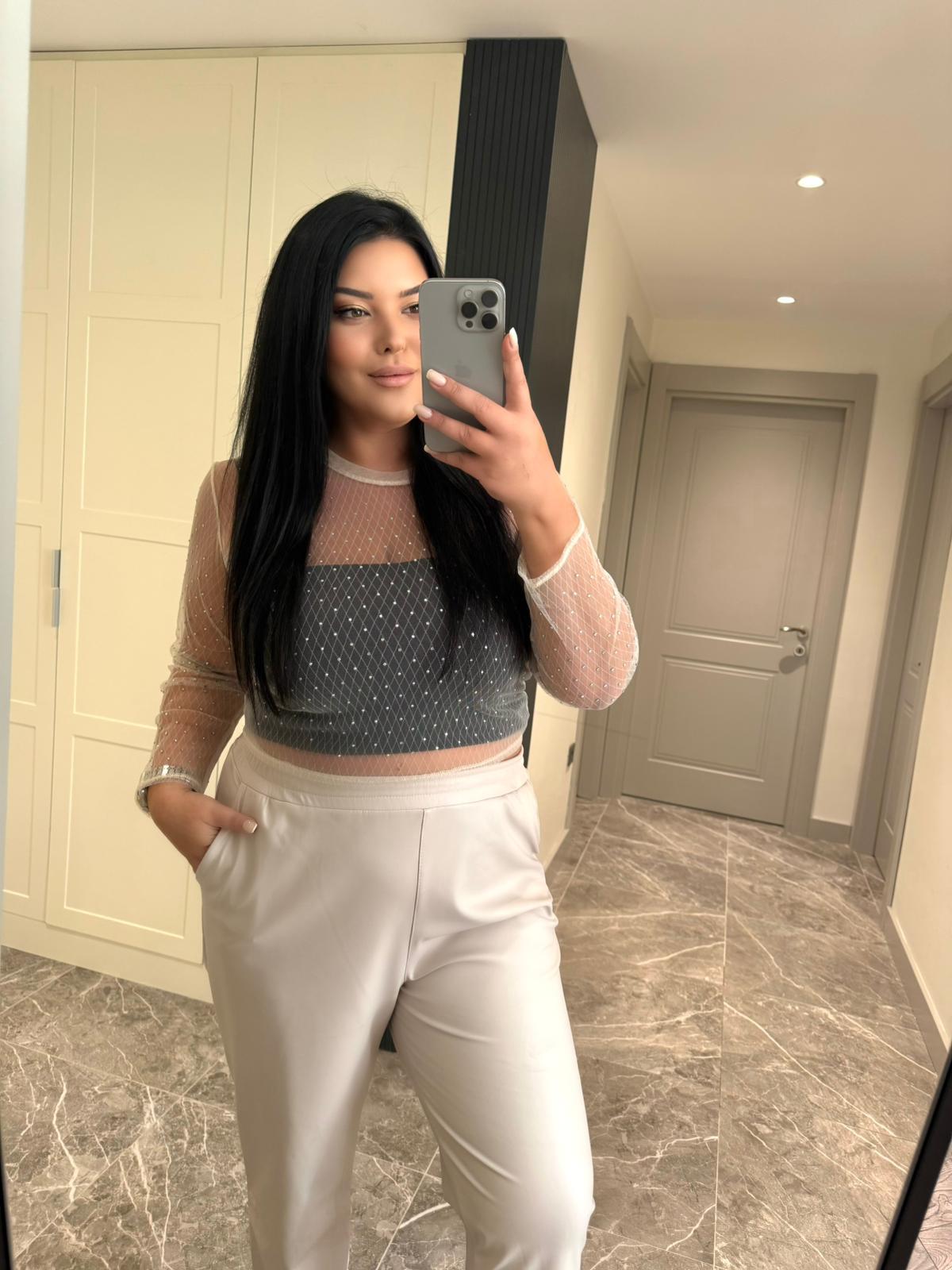 Oversize Transparan Taşlı Tül Body -  Beyaz 