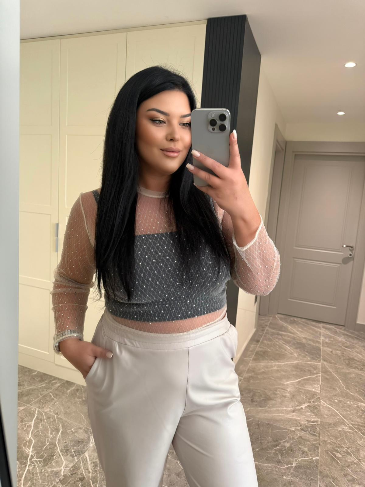 Oversize Transparan Taşlı Tül Body - Krem 