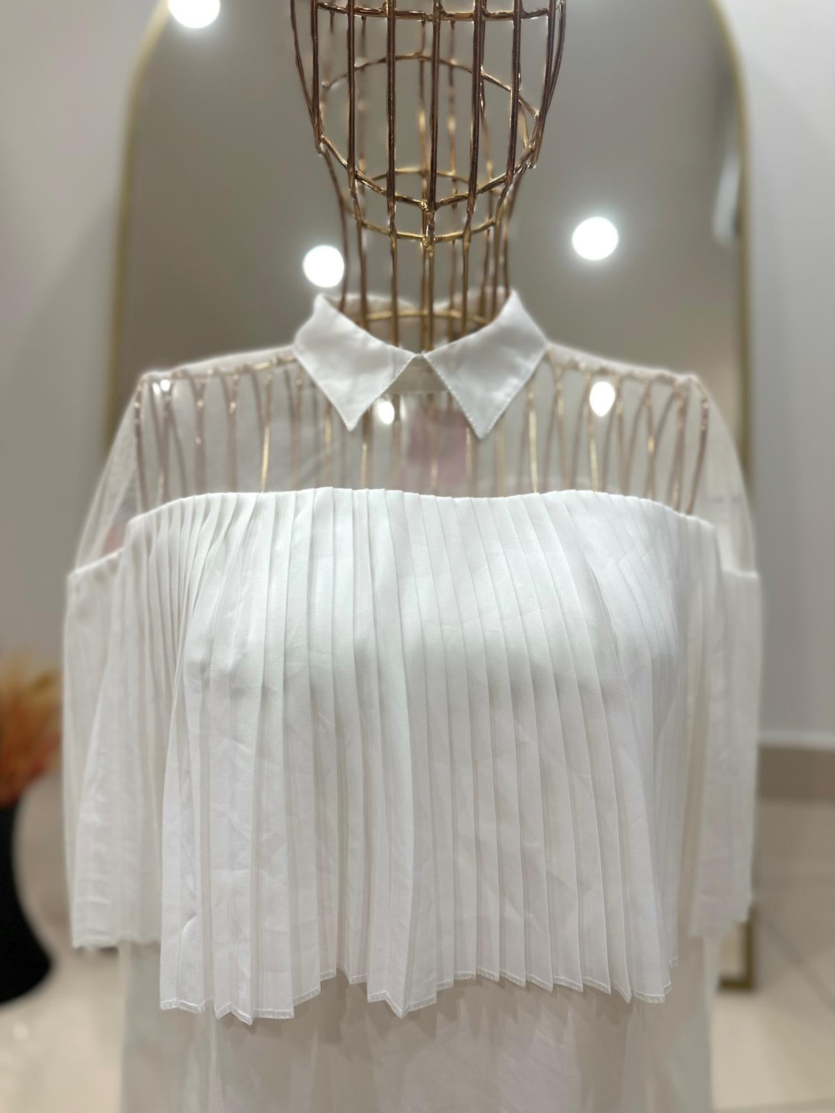 Oversize Transparan Tüllü Fırfırlı Kadın Bluz - Beyaz 