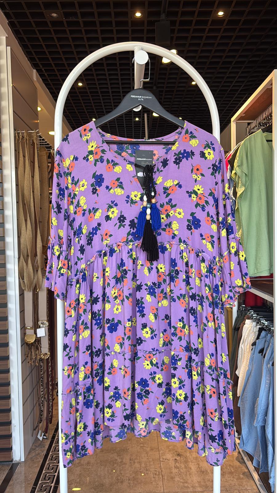 Oversize V Yaka Çiçek Detaylı Kadın Elbise - Lila 