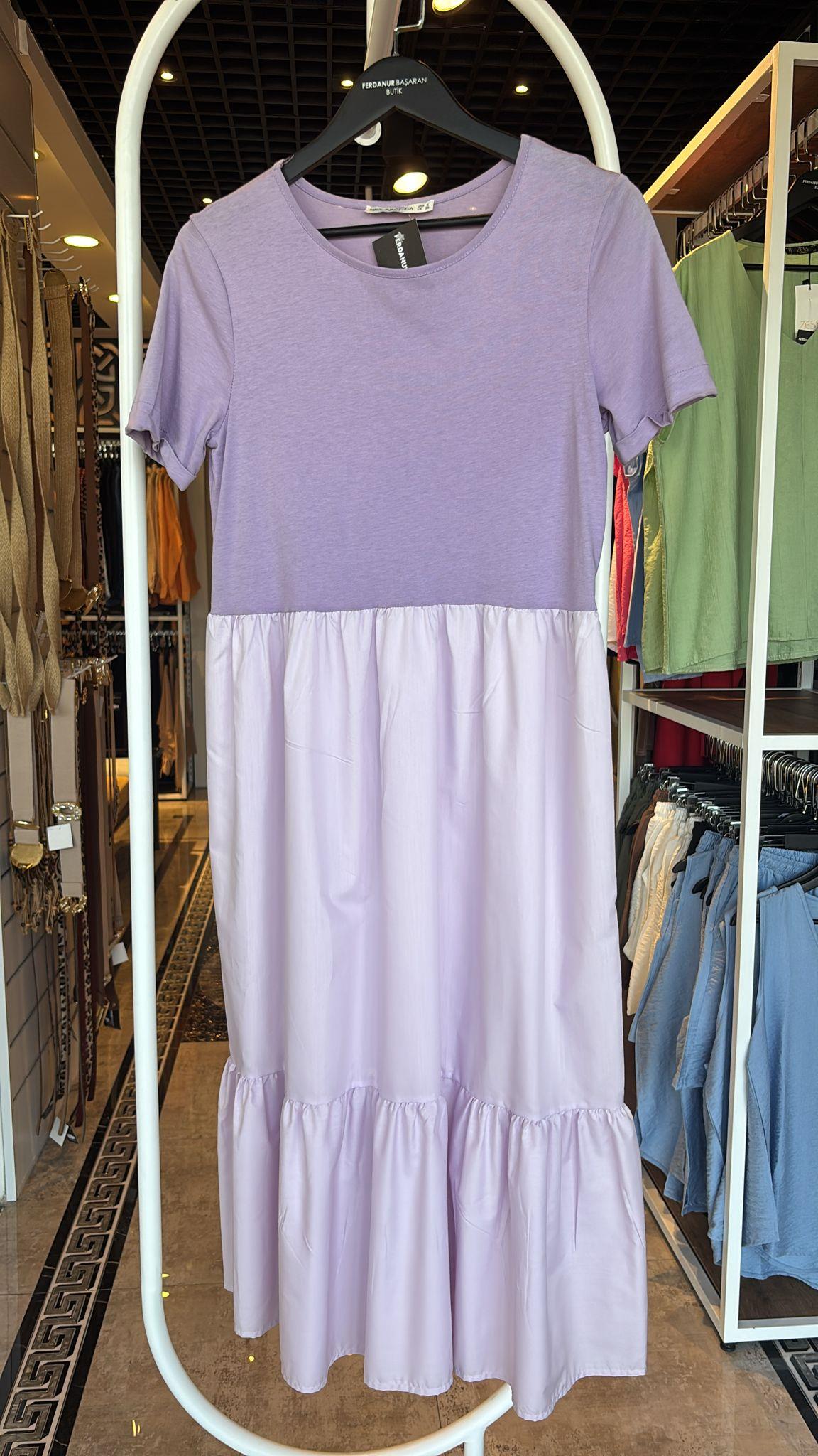 Oversize Volanlı Bisiklet Yaka Kadın Elbise - Mor 