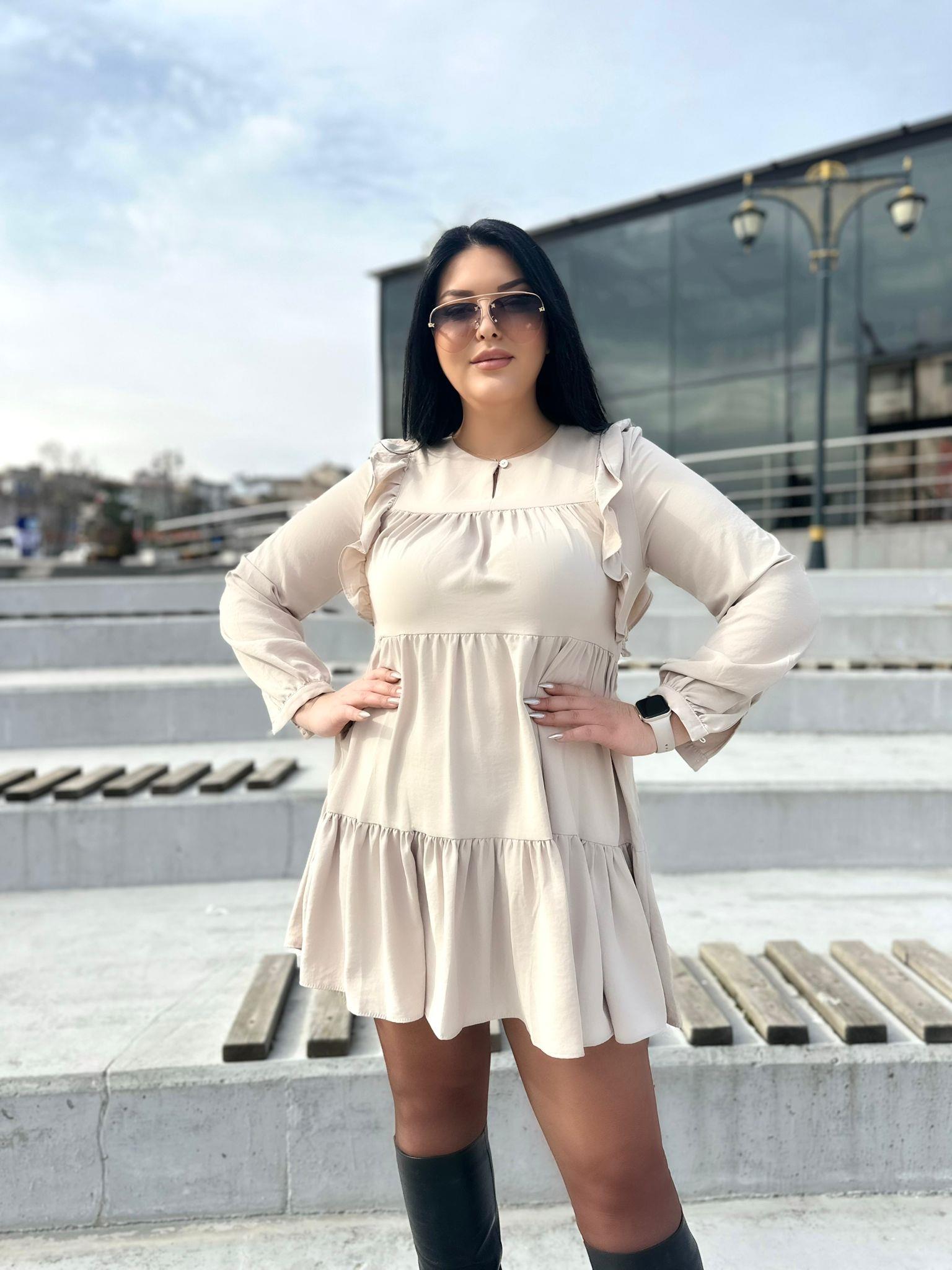 Oversize Volanlı Kısa Elbise - Taş Rengi