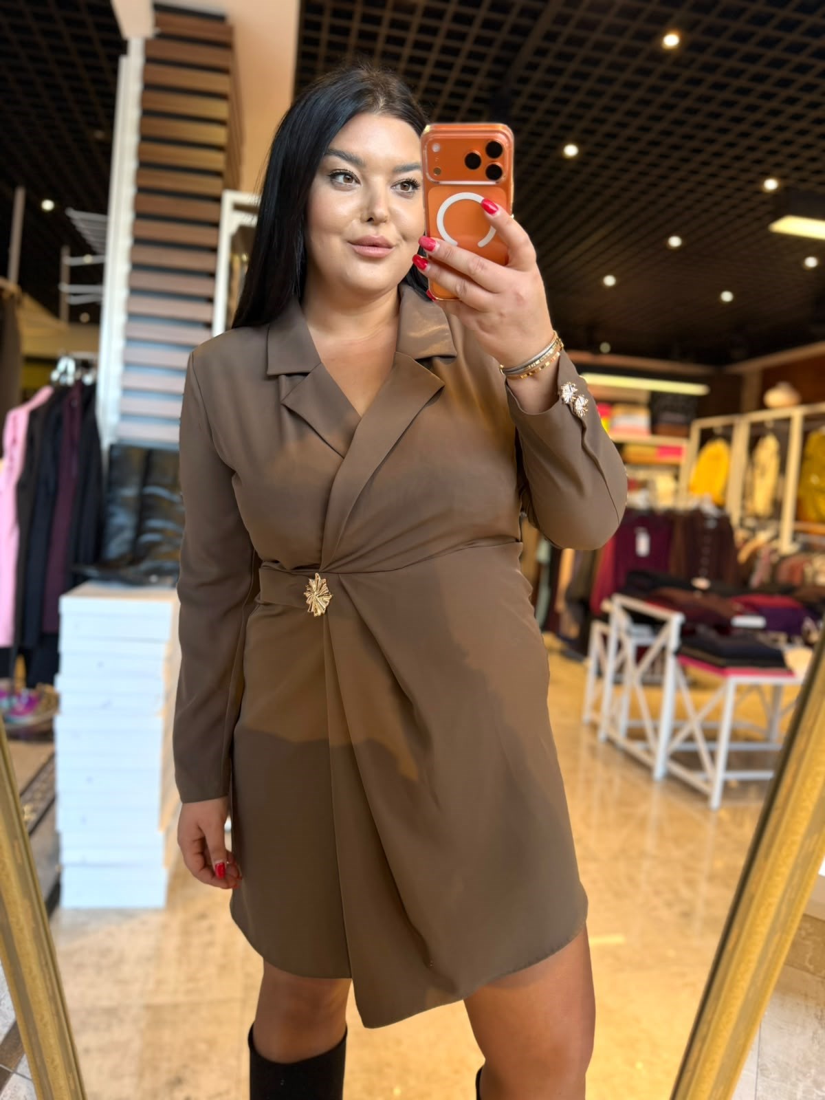 Oversize Yıldız Toka Kol Detay Kadın Elbise - Kahve 