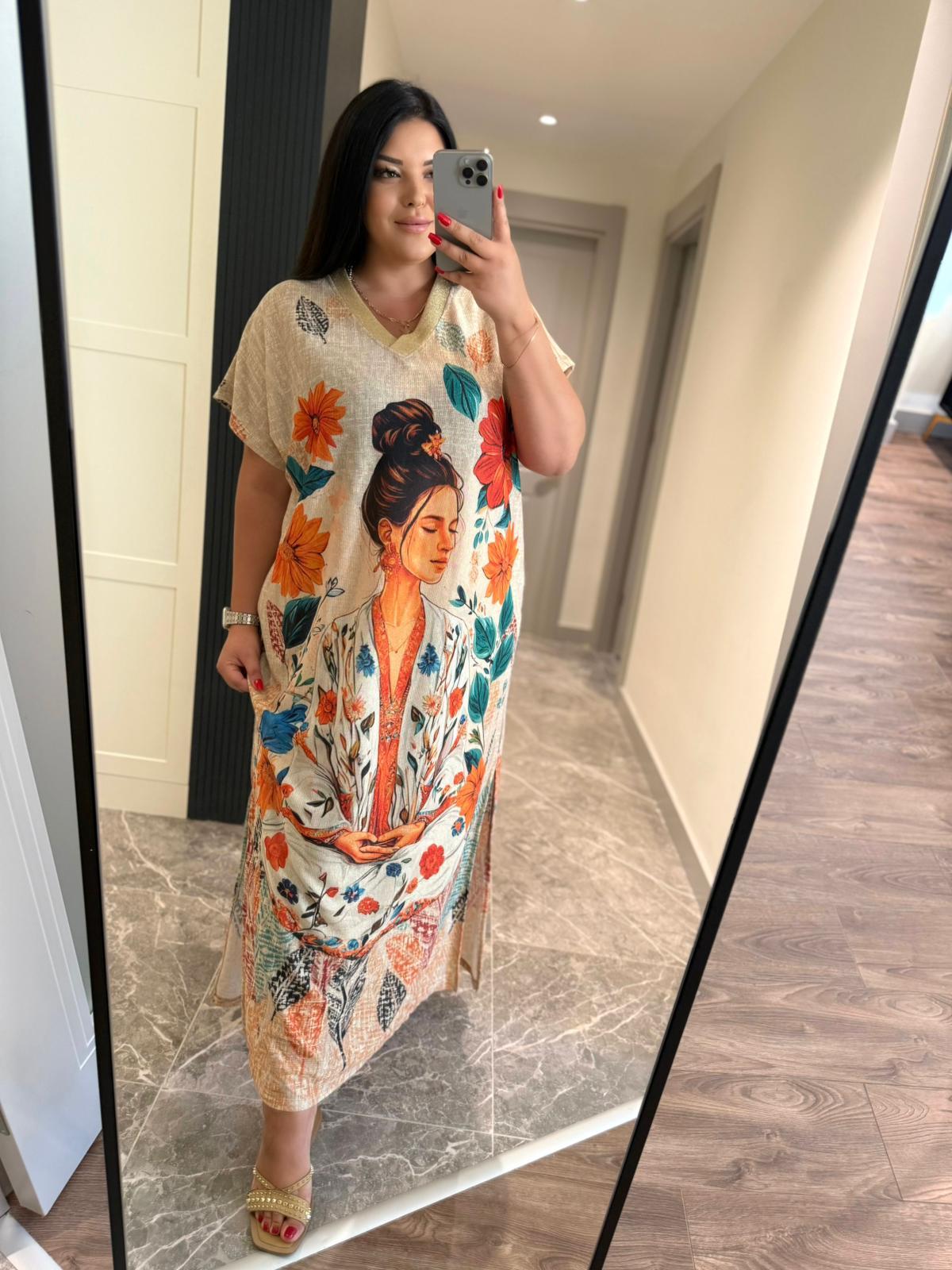 Oversize Yoga Desenli Simli V Yaka Maxi Boy Elbise - Krem