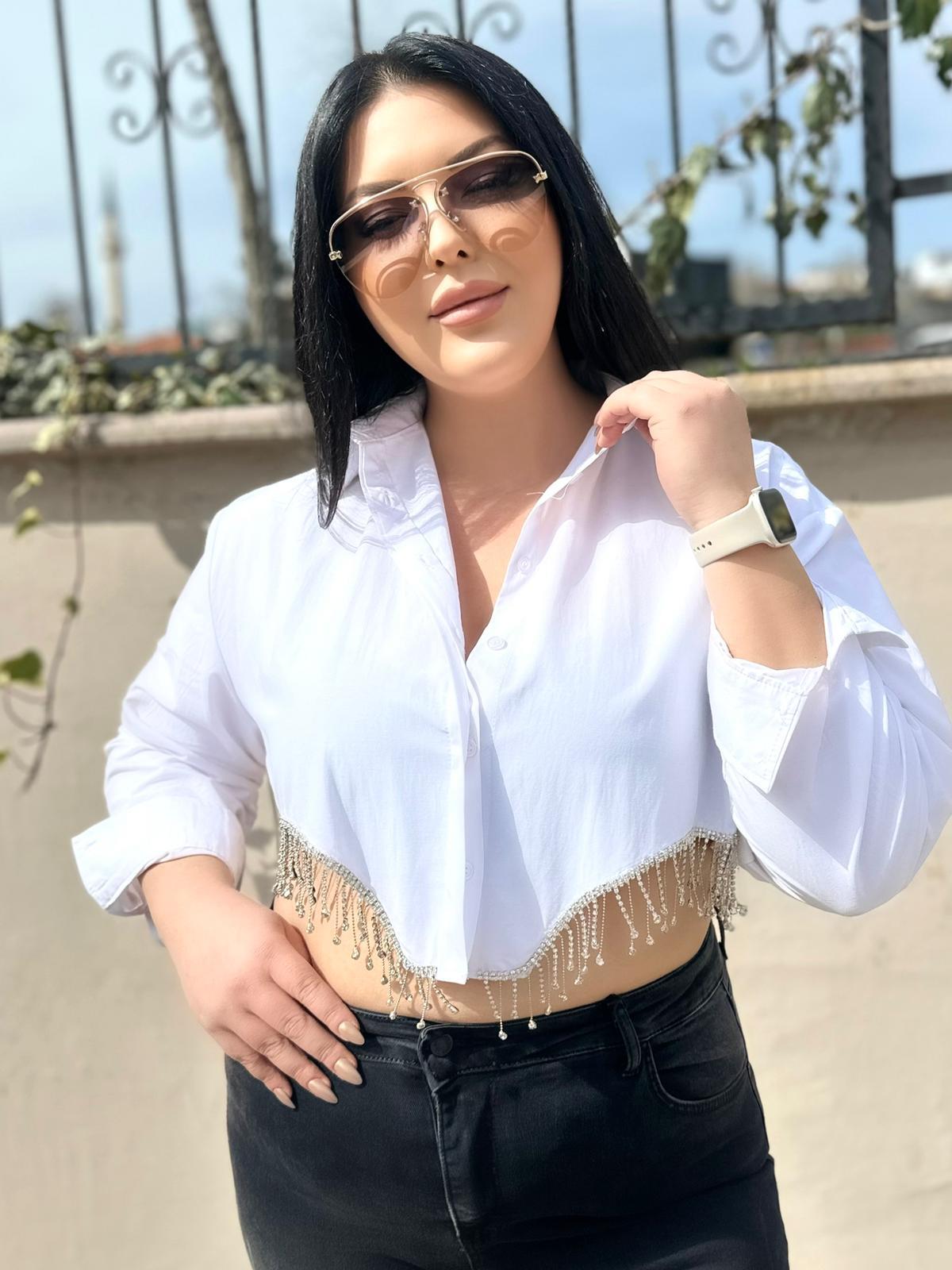 Premium Kalite Kristal Taş Detaylı Oversize Crop Kadın Gömlek - Beyaz 