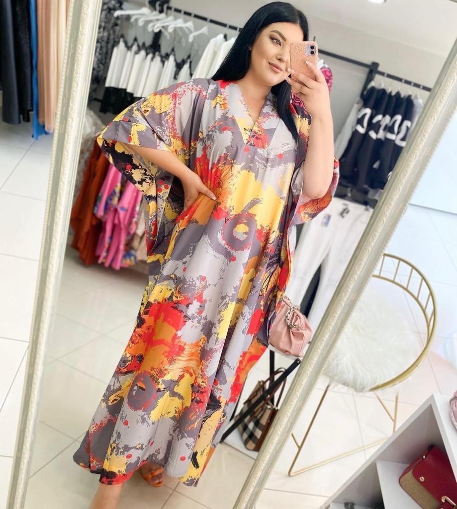 Tasarım Maxi Boy Desenli Oversize Elbise - Gri 