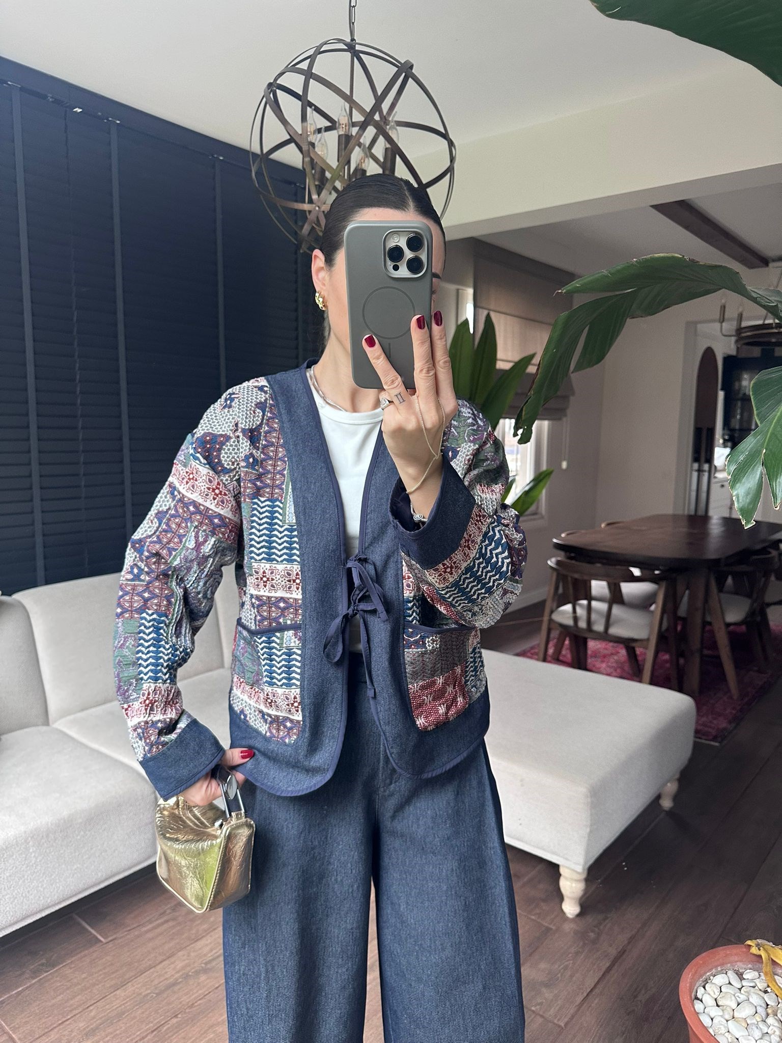 Etnik Denim Görünümlü Desenli Ceket