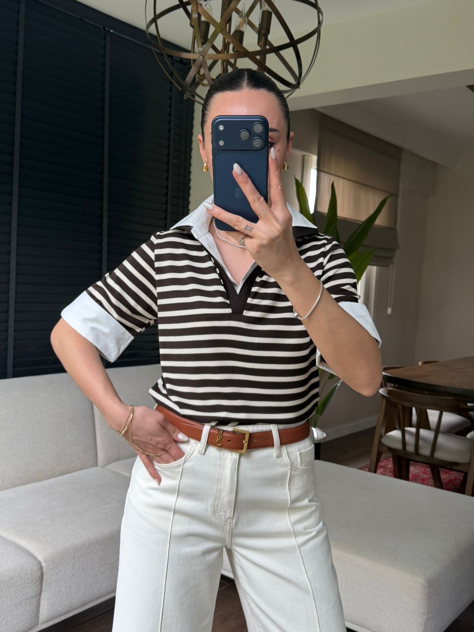 Polo Yaka Gömlek Detaylı Kahve Çizgilli Tshirt