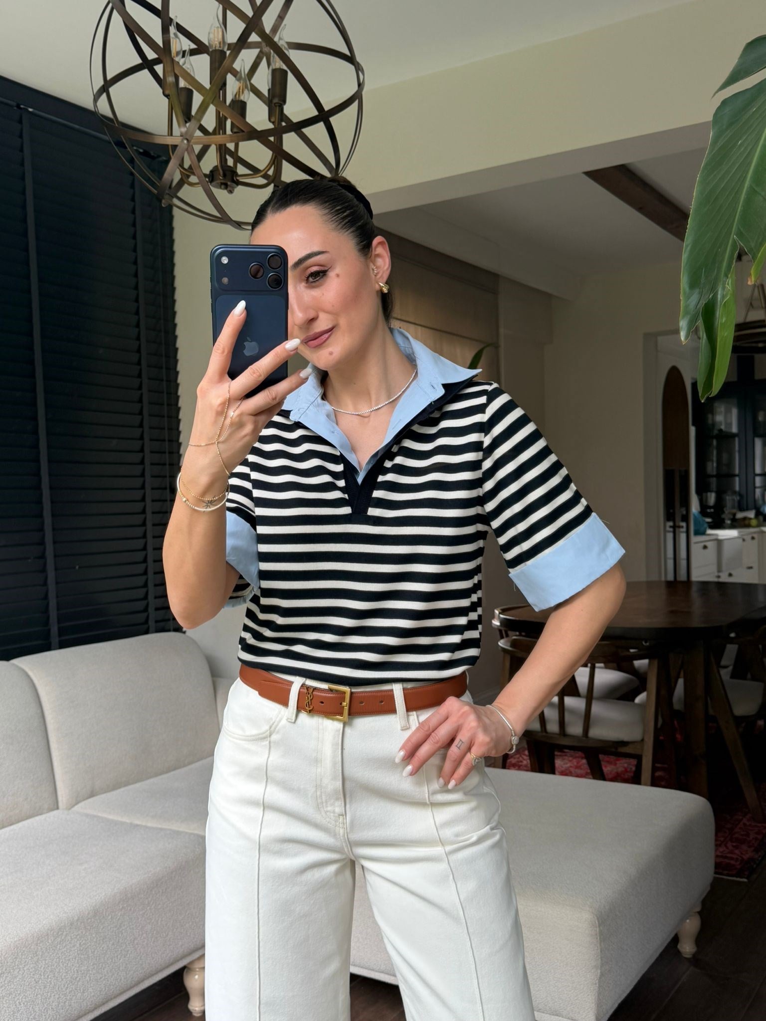 Polo Yaka Gömlek Detaylı Lacivert Çizgilli Tshirt