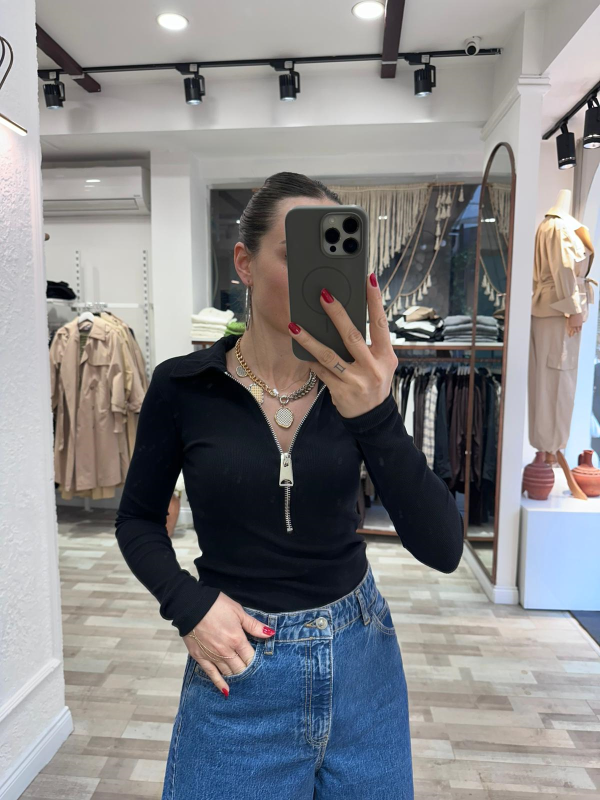 Fitilli Kumaş Fermuarlı Tişört