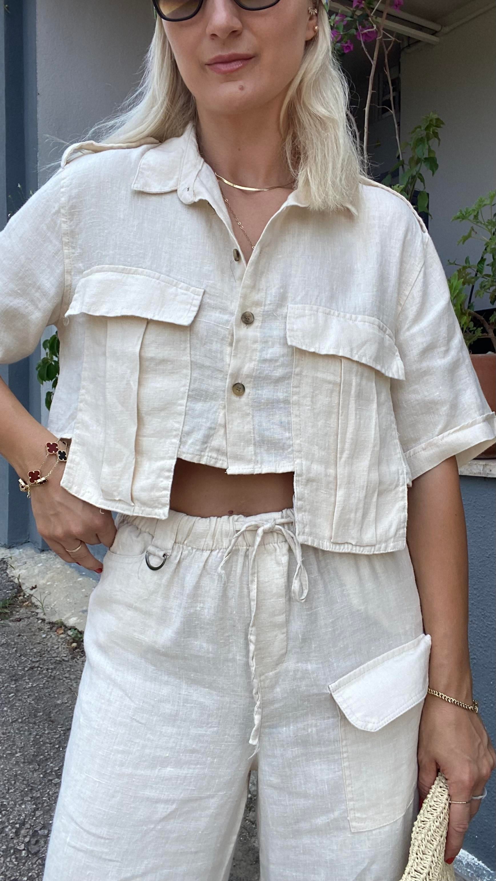 KETEN CROP KISA KOL GÖMLEK