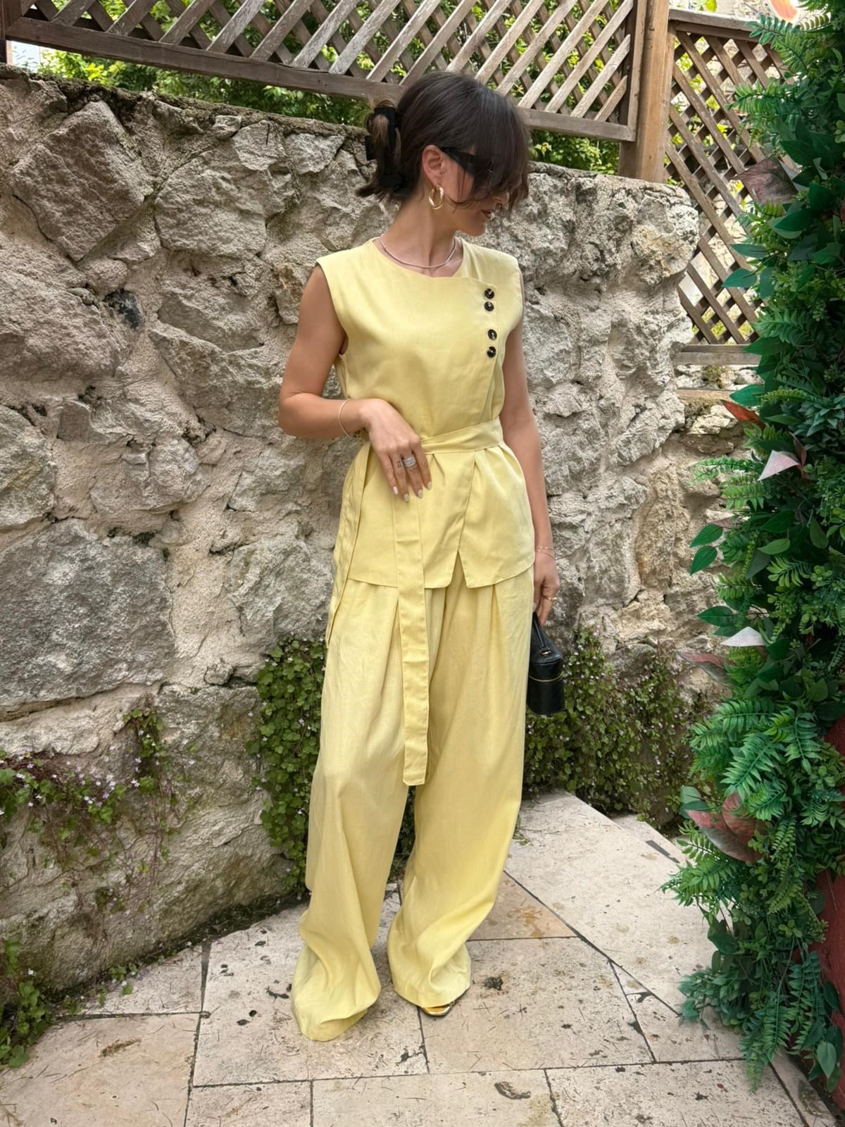 Keten Düğmeli Yelek Ve Pantolon Takım Sarı